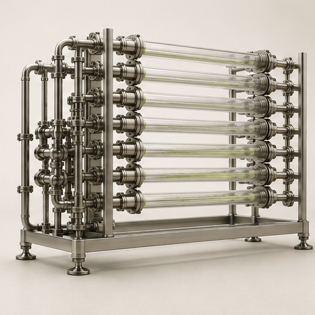 Advanced Oxidation Process reactor — stainless-steel frame holding transparent quartz tubes