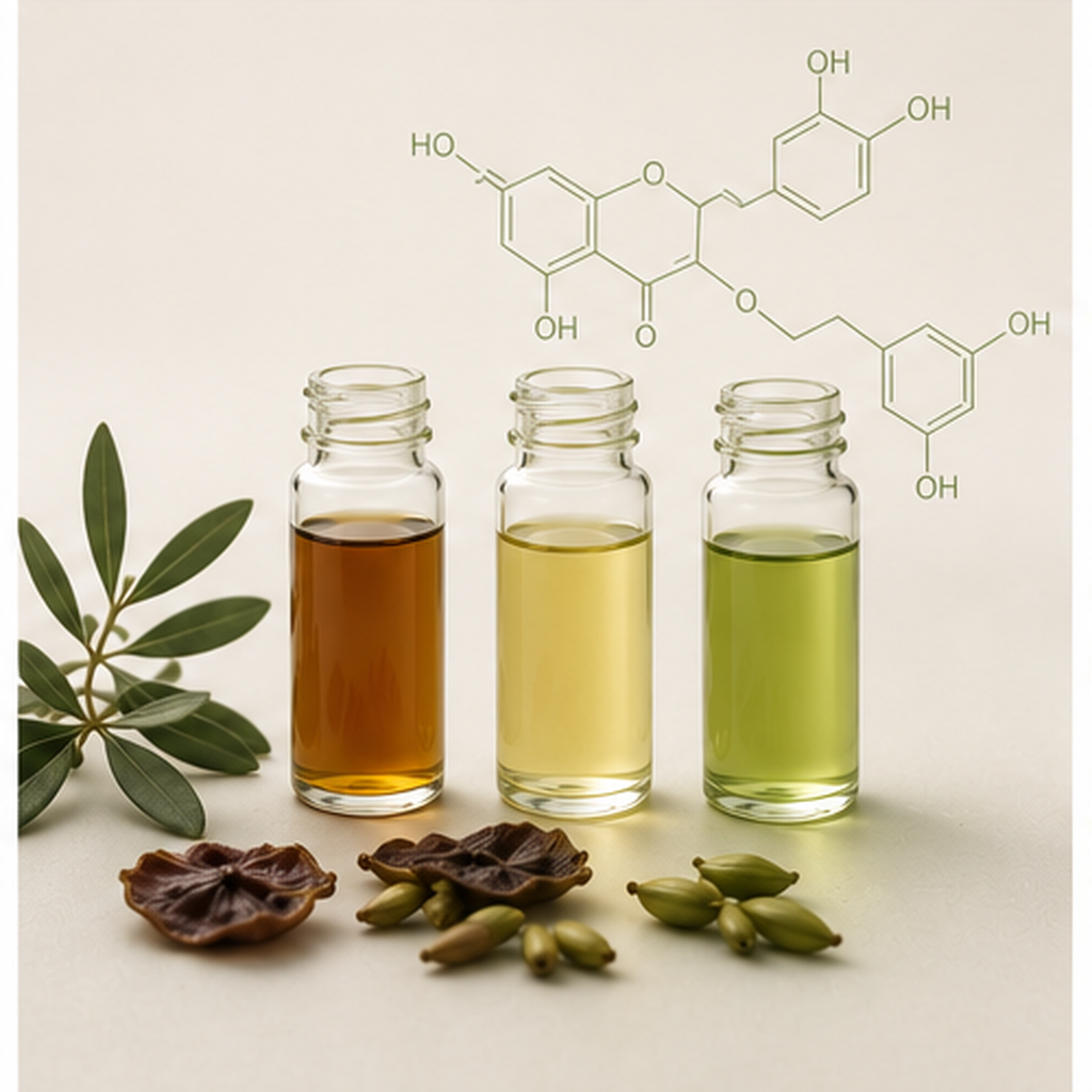 Recovered polyphenol extracts in laboratory glass vials with a faint molecular structure