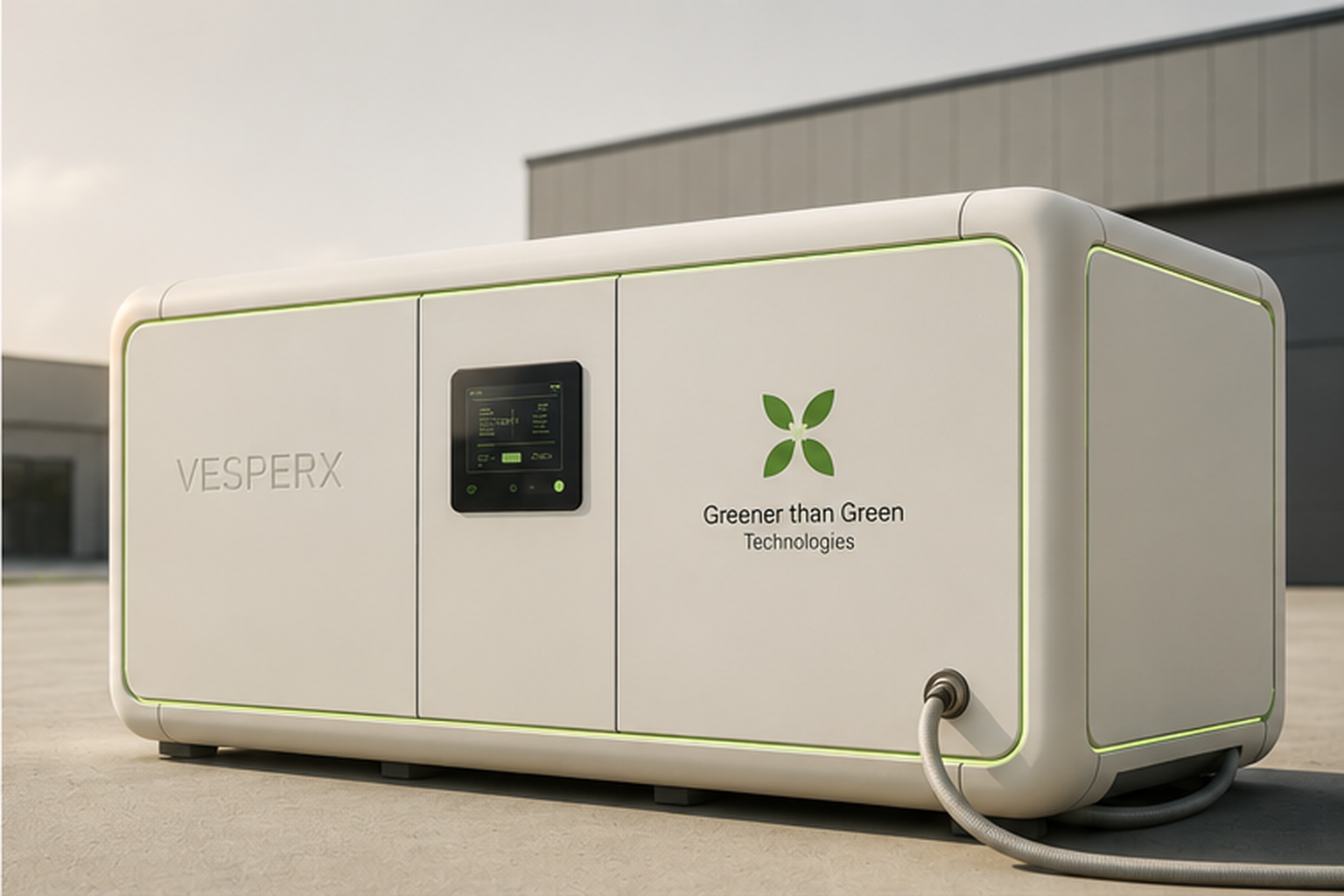Vesper X modular water-treatment unit with control screen and Greener than Green branding